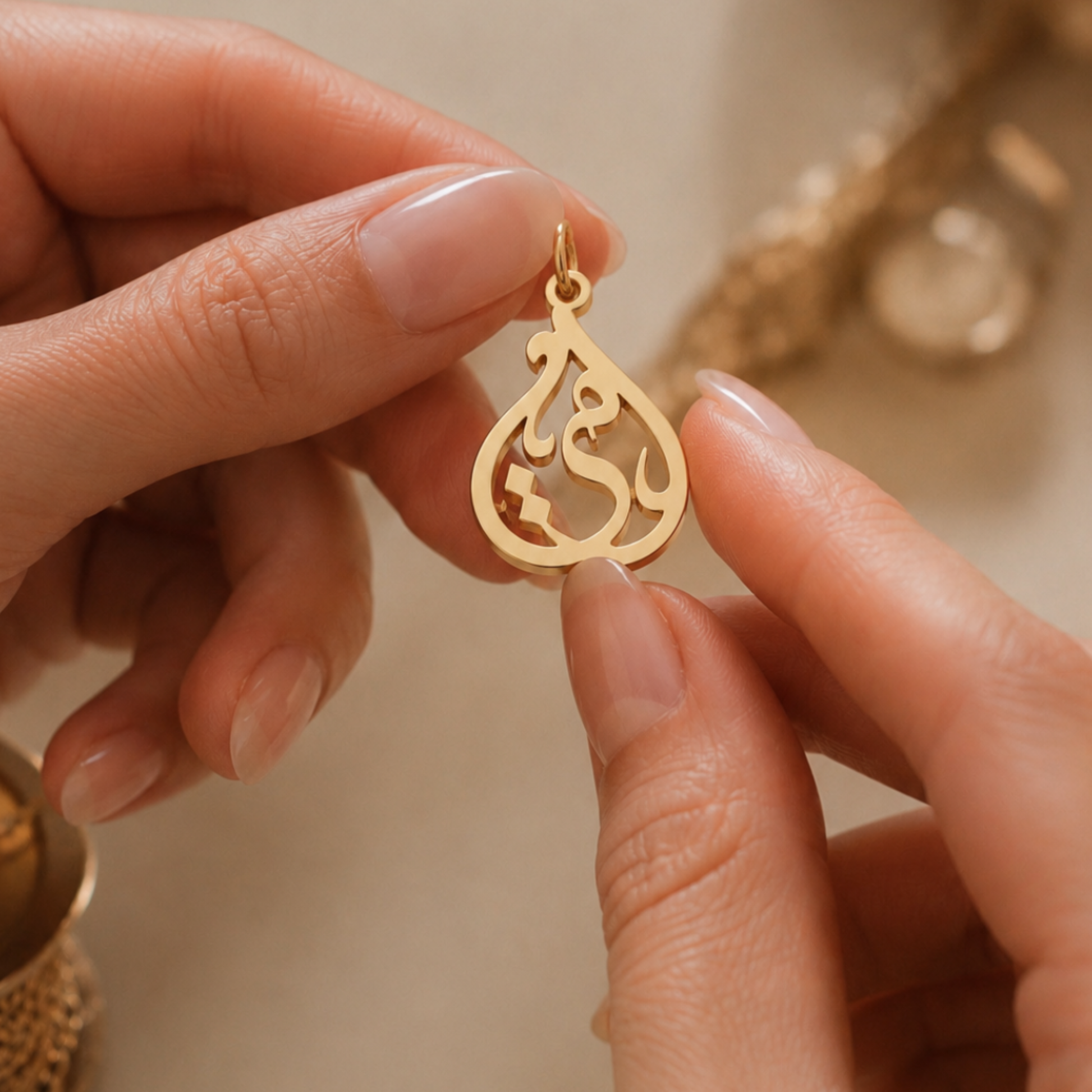 The Charm Bar – Hochwertiger, personalisierbarer Schmuck aus 18K PVD vergoldetem 316L Edelstahl. Wasserfeste Halsketten, Charms und Armbänder für einzigartige Kombinationen – jeder Charm erzählt deine Geschichte. Arabic-Charm.. Arabisch Charms. Islamic Charm.